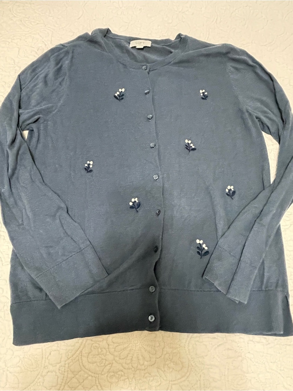 LOFT Slate Blue Embellished Button-Up Cardigan